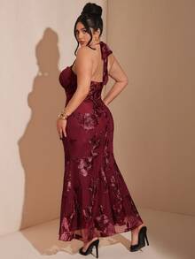 SHEIN BAE Đầm dạ hội dáng đuôi cá ôm sát, thanh lịch, cổ yếm, màu đỏ tía, chất liệu jacquard dành cho nữ, cỡ lớn. - Màu Đỏ Sâu - Xem 2