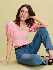 lacRébo Pink Crocheted Square Neckline Top With Short Puff Sleeves, Tied At The Back, For Spring And Summer Spring Summer French Style Parisian Style - Pink - View 1