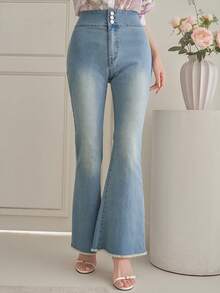 DAZY Women's Casual Washed Frayed Hem Flare Leg Jeans, Spring/Summer - Medium Wash - View 6