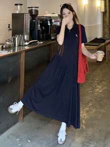 DAZY 女款休閒對比色刺繡百褶中長洋裝，夏季婚禮賓客禮服，可愛陽光裙上衣 - 藏蓝色 - 查看 5