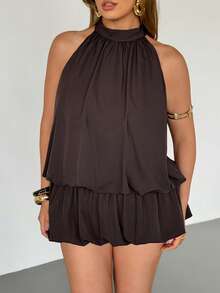 Auralis 新款露背系带短款吊带背心，宽松腰部喇叭迷你连衣裙/短裤内衬防止走光，休闲度假日常宽松穿着，精致优雅的高街风格 - 棕色 - 查看 5