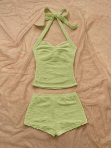 Soleia 女士度假休闲吊坠装饰露背吊带上衣和短裤两件套 - 綠色 - 查看 2