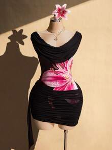 SHEIN ICON 大码女式印花优雅收腰派对连衣裙 - 彩色 - 查看 3