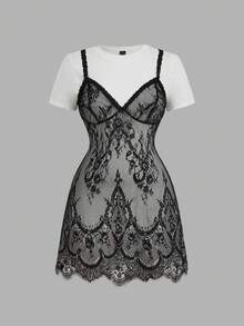 SHEIN MOD Đầm ren cỡ lớn 2 trong 1 màu đen trắng dáng ngắn - Đen và trắng - Xem 5