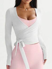 Velisys 2pcs Women's Activewear Crop Top, White & Pink Combo, Fitted Tie-Front Design, Long Sleeve, Versatile For Daily Casual, Running, Yoga, Gym, Tennis, Golf - Multicolor - View 5