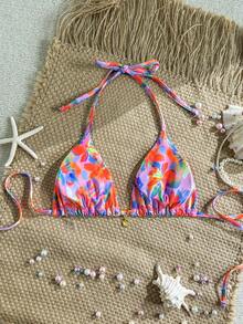 Swim Mod Random Gold Shell Print Halter Bikini Top, Sexy Swimwear Top For Summer Vacation - Multicolor - View 2