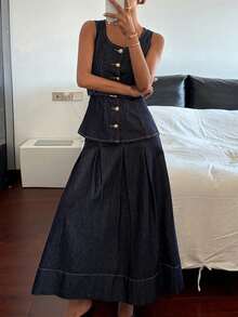 Livesso Crew Neck Sleeveless Top & Denim Skirt Women 2-Piece Set - Blue - View 3