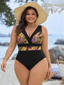 Swim Lushoire Plus Size Vacation Print Color Block One-Piece - Multicolor - View 5
