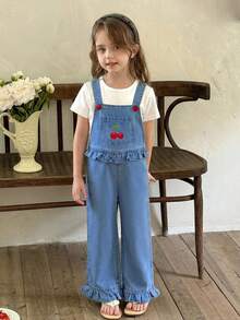 LMoss Kids Young Girl' New Fashion Casual Soft Cute Cherry Embroidery  Heart Button Blue Denim Loose Fit Bib Pants Overalls Jumpsuit Spring Summer,Casual And Versatile For Kids Girls Spring/Summer Dailywear Outfits,Girls Streetwear Outfits,Beach Vacation Outfits For Girls ,Girls Summer Boho Outfits,Casual Clothes For Girls ,Graphic Jeans Girls ,Toddler Jumpsuit,4-Year-Old Girls Jumpsuit,Summer Jumpsuit,Casual Jumpsuit - Light Wash - View 5