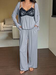 DAZY 3件套女士波点图案开衫长袖上衣、蕾丝拼接无袖吊带背心和直筒长裤睡衣套装，春季 - 藍色 - 查看 5