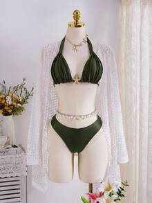 Swim Chiccia 女士两件套浪漫复古性感优雅沙滩装，采用粗肩带、褶皱设计，咖啡棕色系，女士比基尼泳装度假套装，女士比基尼泳衣套装，女士沙滩装，女士泳装比基尼套装，女士度假套装，女士泳衣套装，女士比基尼套装，女士泳装，女士沙滩装，女士比基尼套装，女士比基尼套装（含罩衫） - 軍綠色 - 查看 5