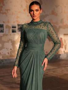 Aureia Elegant Luxurious Diamond Design Sheer Long Sleeve Ruched Mermaid Dress,Suitable For Weddings,Parties,Bridal,Mother Of The Bride,Evening Gowns - Green - View 7