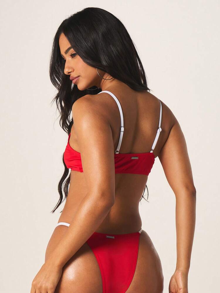 Missguided x Playboy Red Contrast White Strap Bikini Set Logo Print Two Piece Swimwear Beach Summer Vacation Triangle Top String Bottom High Rise