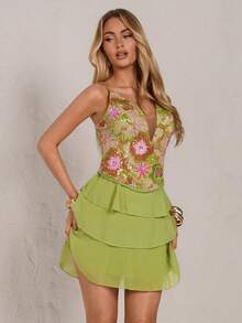 SHEIN Glamour Sequin Patchwork Chiffon Elegant Sexy Spaghetti Strap Mini Dress - Green - View 5
