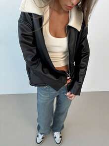 Aloruh 谷仓夹克，女士秋冬新款日常旅行通勤时尚长口袋保暖内衬保暖毛绒皮革毛领夹克拉链外套 - 黑色 - 查看 6