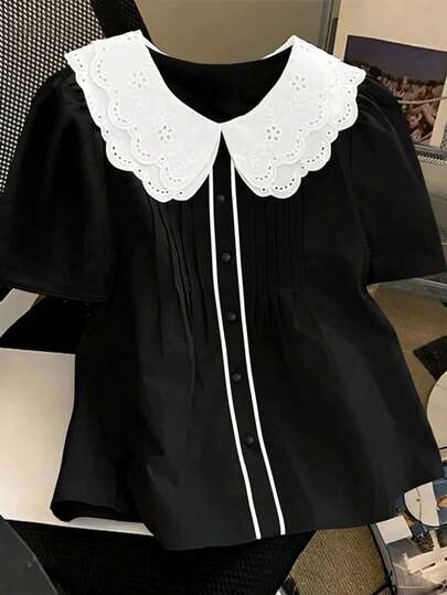 GlowEve CURVE 春夏新款黑色彼得潘领百搭可爱圆领大码衬衫