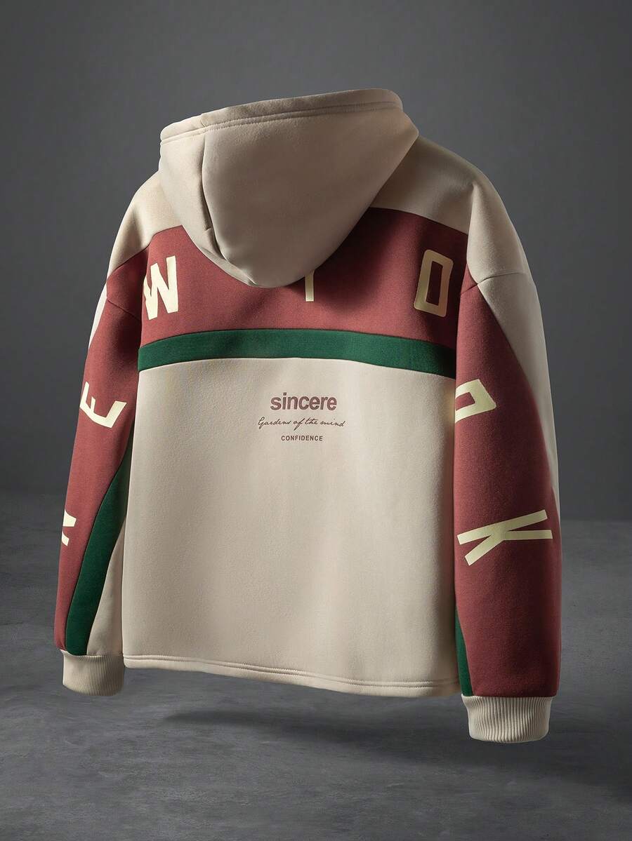 PAVTROS 男士休闲印花落肩长袖连帽衫，适合秋冬 - 杏色 - 查看 1