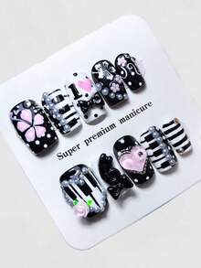 ROMWE 10 Pieces Y2K Style Black And White Piano Keys Hand-Painted Cherry Blossom Manicure, Retro High-Quality Rhinestone Fake Nail Piece, Reusable In All Seasons, Suitable For Daily, Dating, Party Wear - Multicolor - View 1