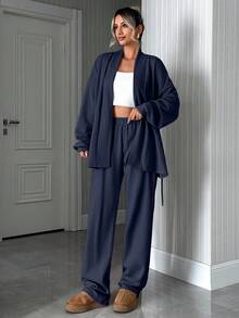SHEIN 休閒純色落肩細肩帶腰帶上衣與長褲套裝 - 藏蓝色 - 查看 3