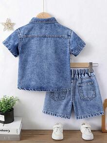 1. Young BoyCasual Denim Set, New Design With Letter Embroidery, Distressed Effect, Blue Washed Denim Outfit - Blue - View 2