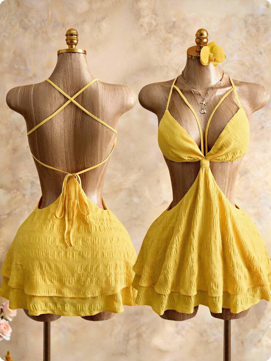 Bellisia Đầm nữ màu trơn tối giản khoét eo, đầm hè, đầm hè cho nữ, đầm hè, trang phục hè, quần áo hè, trang phục hè cho nữ, trang phục nghỉ hè, trang phục hè cho nữ, đầm vàng đi biển, đầm vàng đi nghỉ mát dự tiệc - Màu vàng - Xem 1
