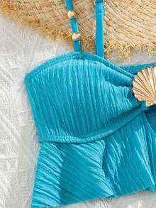 SHEIN Sparklyn Summer Beach Vacation Cute Solid Color 2pcs Swimwear Set For Young Girl - Blue - View 3