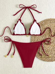 Swim Vcay Women's Summer Vacation Gold Sun Decor Black Bikini Set, Beach Outfit - Burgundy - View 7