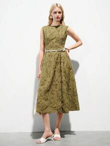 Aveloria Modichic Elegant Urban Commuting Dress, Sophisticated Design, Jacquard Fabric, Fringed, Sleeveless, Round Neck, Waist Cinched, Flared Midi Skirt, Slimming - Green - View 6