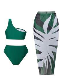 Swim Oasis Plus Size Women 3 PiecesSolid Color Bikini Set, Suitable For Beach, Swimming, Vacation - Green - View 2