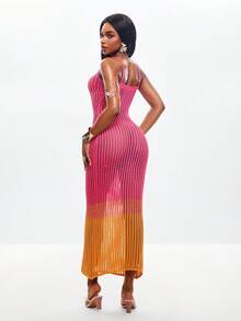 Coolane Women's Spring/Summer Halterneck Plunge V Front Open Crochet Knit Ombre Straight Fit Tassel Hem Maxi Dress Ibiza Sexy Vacation Holiday Spring Summer Festival Beachwear Romantic Elegant Cover Up Swim Tequila Sunrise, Beach Club - Pink - View 2