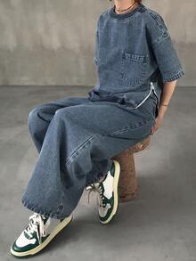 FRIFUL Women's Round Neck Drop Shoulder Zip Side Pocket Top And Pants Casual Loose Denim Set - Blue - View 6