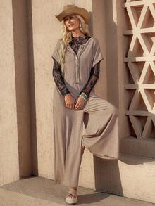 Wildy 波西米亚风休闲美式西部乡村风宽松连体裤，带口袋，女士春夏日常基本款，适合通勤和户外活动穿着。 - 卡其色 - 查看 4