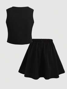 Tween Girl Casual V-Neck Sleeveless Top And Mini Skirt Set - Black - View 5