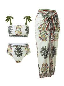 Swim Oasis 2026新款春夏女士三件套泳装，印花泳衣，短裤和裙子，优雅休闲海滩度假装 - 彩色 - 查看 3