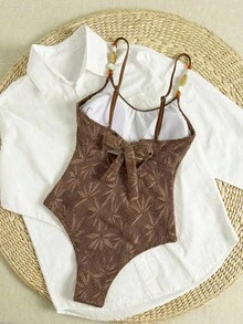 Swim Mod Spring/Summer Knit Jacquard Wireless Spaghetti Strap Criss-Cross Back Elegant One-Piece Swimsuit For Beach Vacation - Coffee Brown - View 2