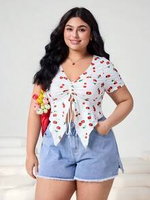 Solflare Áo thun ngắn tay cỡ lớn dành cho nữ, in hình quả anh đào, có dây rút phía trước, thích hợp cho mùa xuân/hè. - Nhiều màu - Xem 4