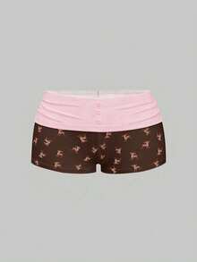 ROMWE J-Fashion Conjunto de top de camisola con bordado de ciervo lindo y shorts con estampado de ciervo para mujer - Marrón - Ver 5