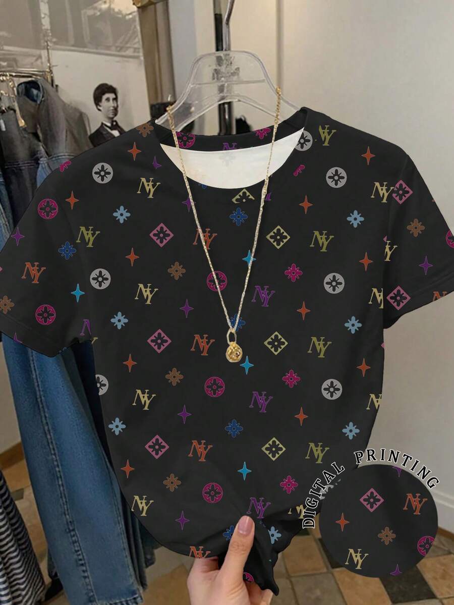 Resyla Women's Letter Print Round Neck Short Sleeve Casual Versatile T-Shirt - Multicolor - View 1