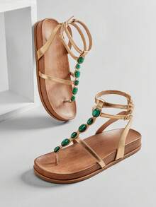 SHUZIA #BohoGlam 女士木纹印花软底宝石装饰踝带人字拖PU金色凉鞋——充满活力、艺术气息浓厚，是夏季吸睛之选 - 金色 - 查看 4