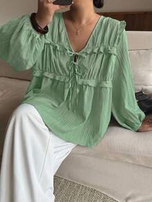 Dripcurv 大码女式黑色V领休闲灯笼袖上衣，宽松日常度假风格，适合新年和情人节穿着。 - 橄欖綠 - 查看 3