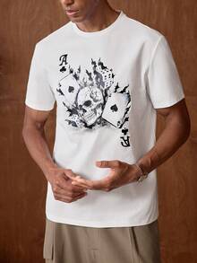 AKNOTIC Camiseta de manga corta con estampado de calaveras y cartas de póquer para hombres, para salir, para amigos - Blanco - Ver 4
