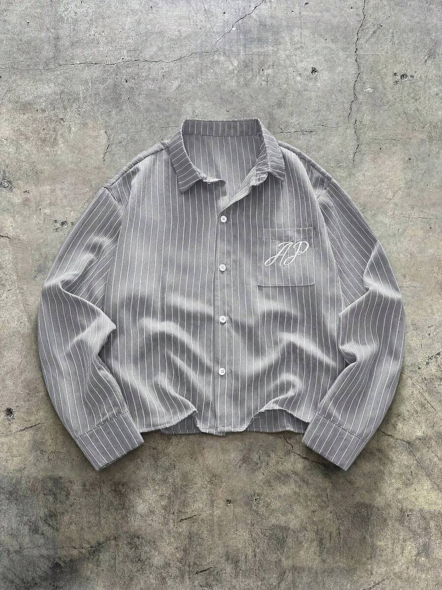 AXEPEAK 男士条纹 Polo 领单排扣字母刺绣休闲百搭日常短袖衬衫 - 淺灰色 - 查看 1