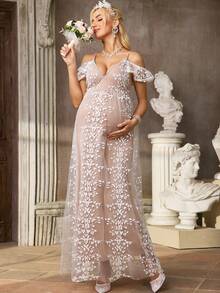 SHEIN 优雅派对刺绣网纱露肩孕妇连衣裙 - 白色 - 查看 5