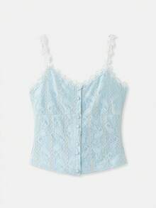 lacRébo Blue Textured Cami Top With White Floral Straps And Trim Spring Summer French Style Parisian Style Cute Vintage Top Vacation Top - Baby Blue - View 6