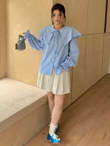 Dazy Plus Loose Fit Peter Pan Collar Embroidered Long Sleeve Blue Casual Blouse For Girls - Baby Blue - View 7