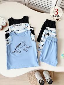 Playful Pals Set de 6 piezas de chaleco sin mangas y pantalones cortos de cintura elástica para niños pequeños, con estampados de dinosaurios, letras, rayas y palmeras, para uso casual diario y playa, para primavera/verano - Multicolor - Ver 1