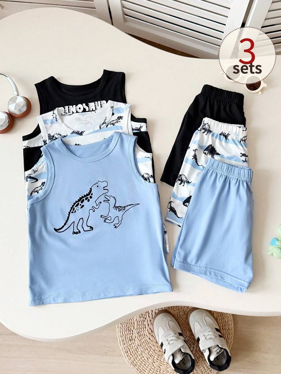 Playful Pals Set de 6 piezas de chaleco sin mangas y pantalones cortos de cintura elástica para niños pequeños, con estampados de dinosaurios, letras, rayas y palmeras, para uso casual diario y playa, para primavera/verano - Multicolor - Ver 1