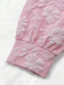 Olithes 女士优雅方领提花腰部褶裥喇叭迷你连衣裙 - 粉色 - 查看 5