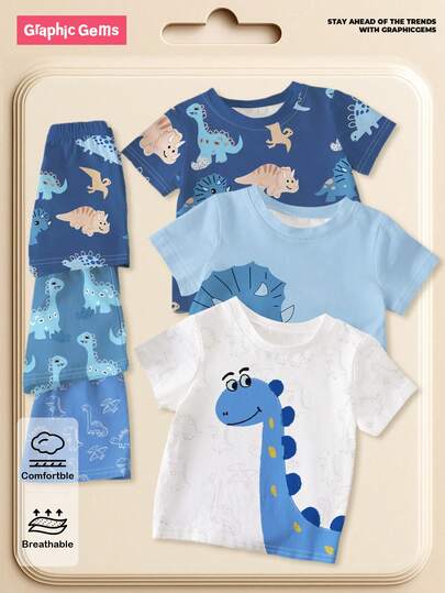 SHEIN GraphicGems 3pcs/Set Baby & Toddler Boys Casual Cartoon Dinosaur Print Short Sleeve T-Shirt And Shorts Set, Suitable For Daily Wear, Summer