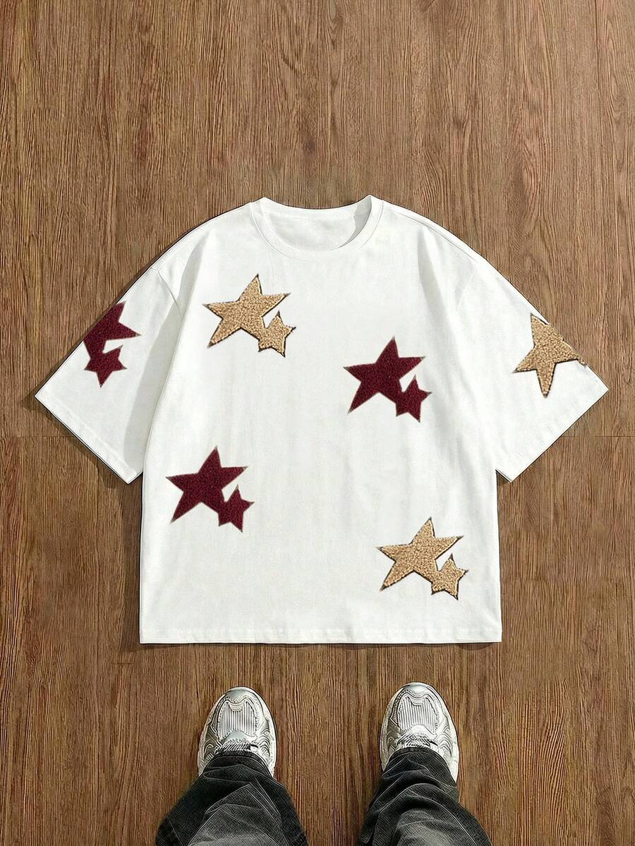Manfinity Unisex Men's Five-Pointed Star Embroidered Short Sleeve T-Shirt Croped Graphic Tee Oversized Graphic Tees White Graphic Tee Street Wear Tops Star Shirt - White - View 1